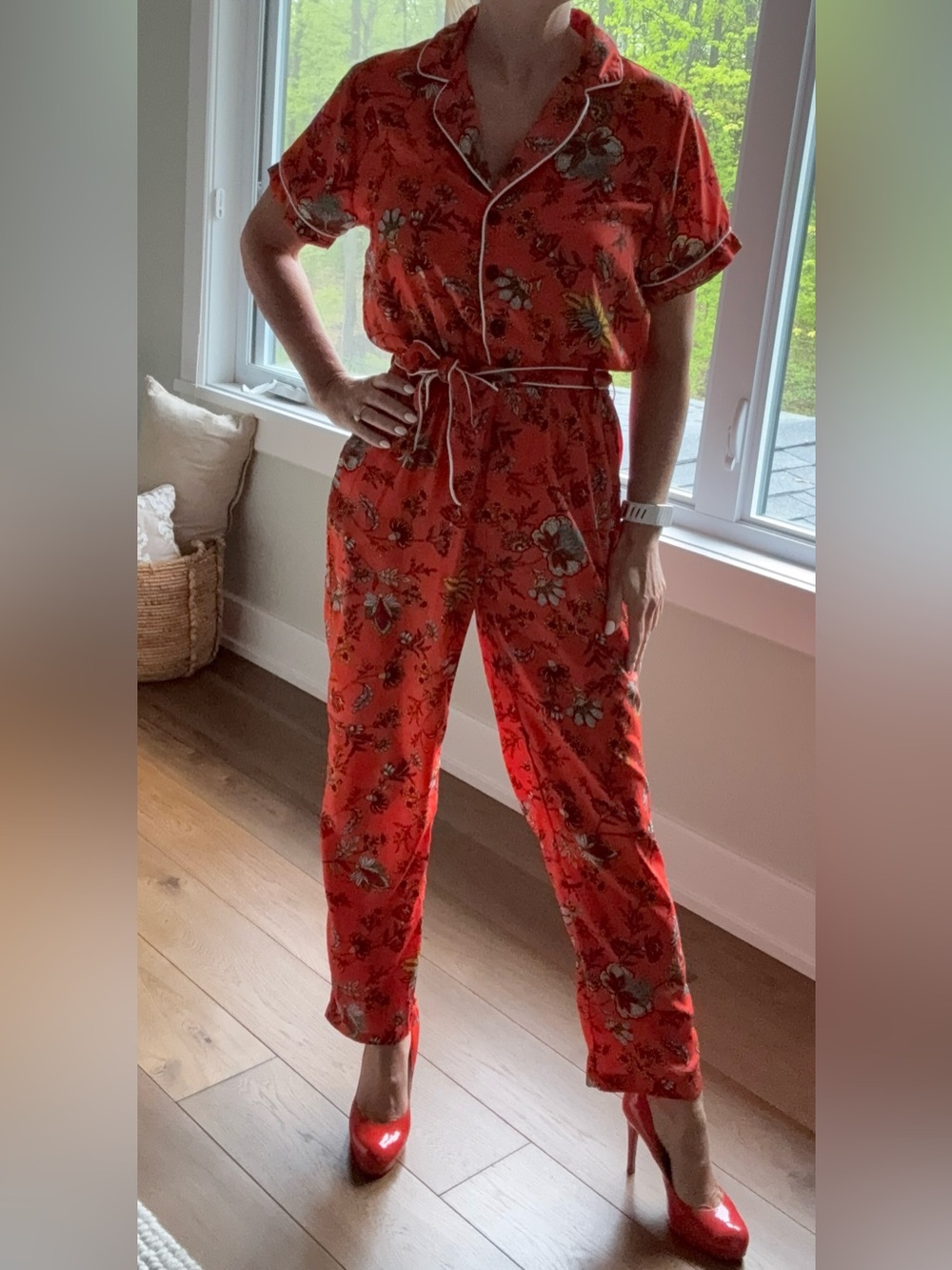 Molly Bracken Red Floral Tie-Waist Jumpsuit